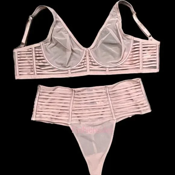 Victorias Secret LUXE Set Sexy Sheer Mesh Unlined Plunge bra & High Waist Thong